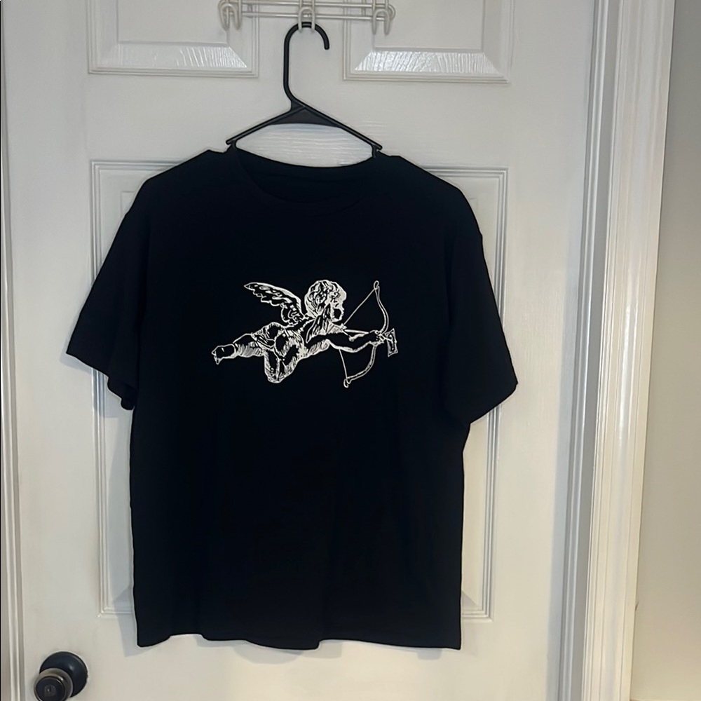SHEIN Black Short Sleeve Tee with Angel Graphic
